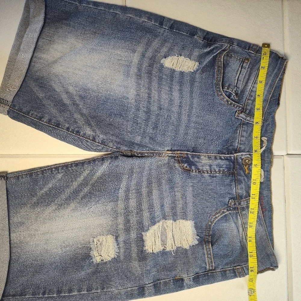 Distressed Denim Long Rider Picnic Bermuda Shorts Size 4 #374